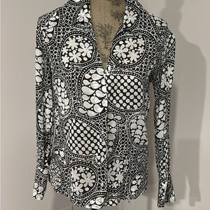 Rhoda Lee vintage black white paisley, semi sheer top size medium.